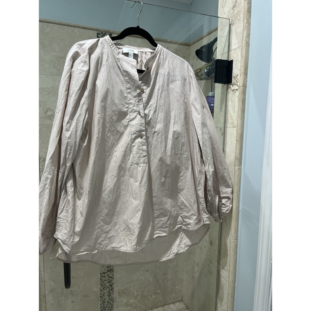 COS Volume Sleeve Top Ivory Tan Pinstripe Women’s Size L L12 Balloon Blouse